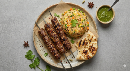 Charsi Beef Sheek Kabab 4Pcs W/ Bread & Fried Rice