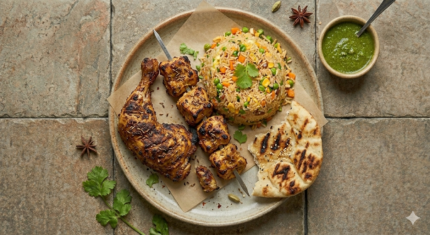 New Lush Tikka (4Pc Boneless, 1 Full Leg CHK W/Fried Rice & Bread)