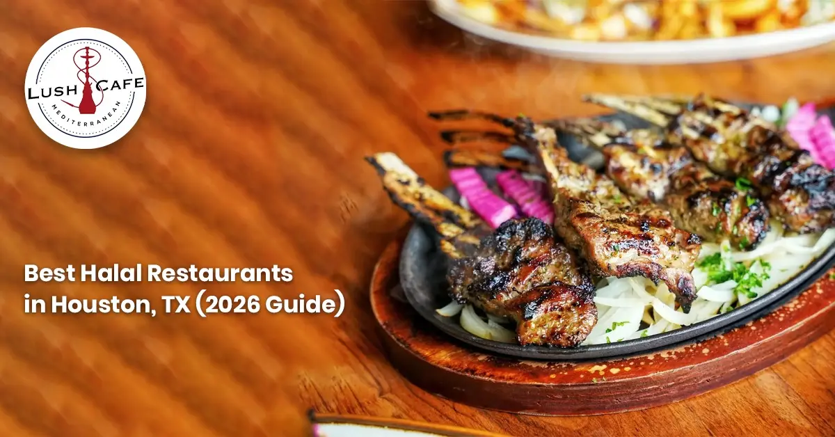 Lush Cafe Mediterranean dish featuring grilled halal lamb chops with a guide to the best halal restaurants in Houston, TX.